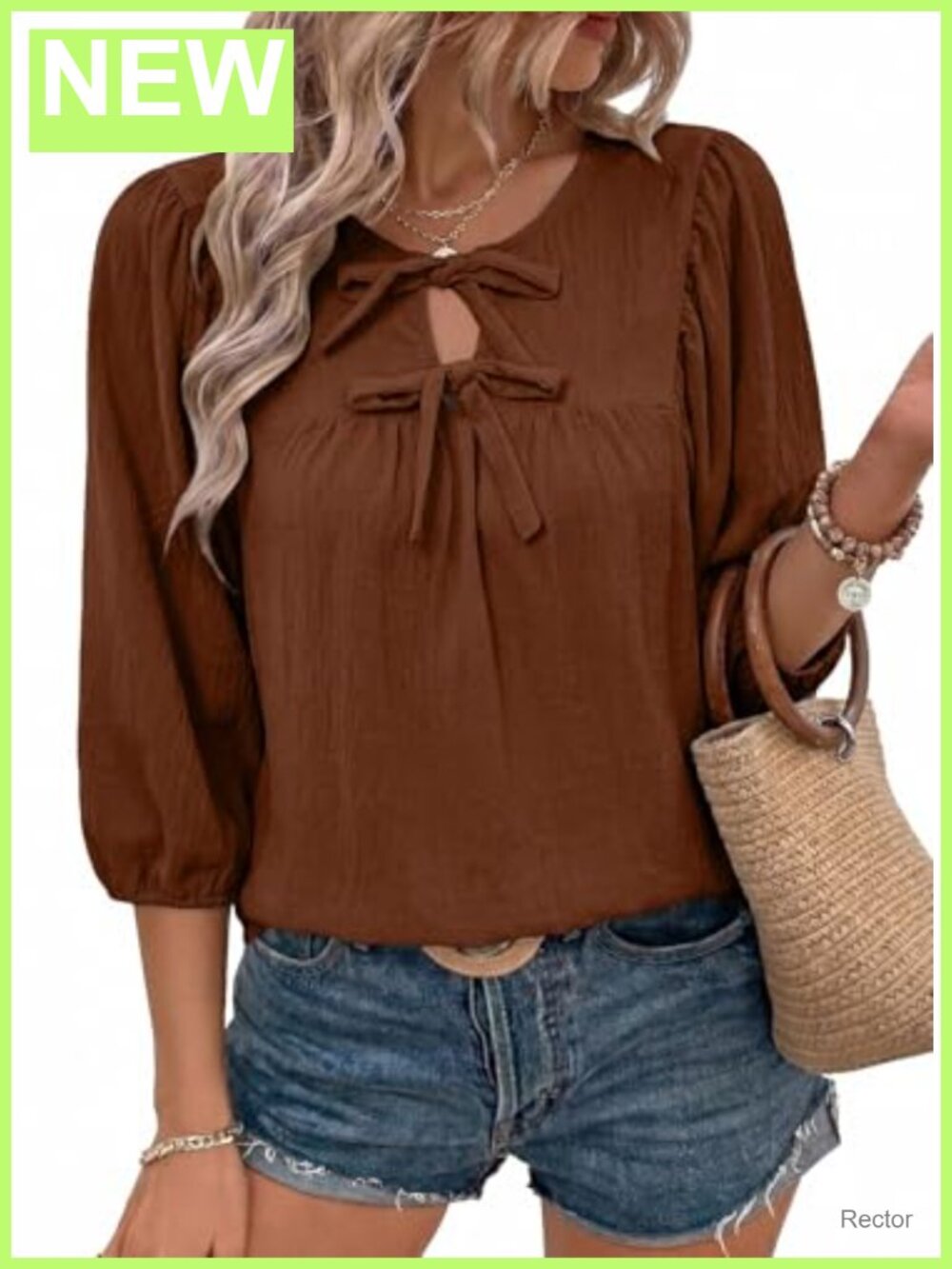 SHEWIN Womens Blouse 3/4 Sleeve Bow Tie Babydoll Dressy Casual Loose Top
